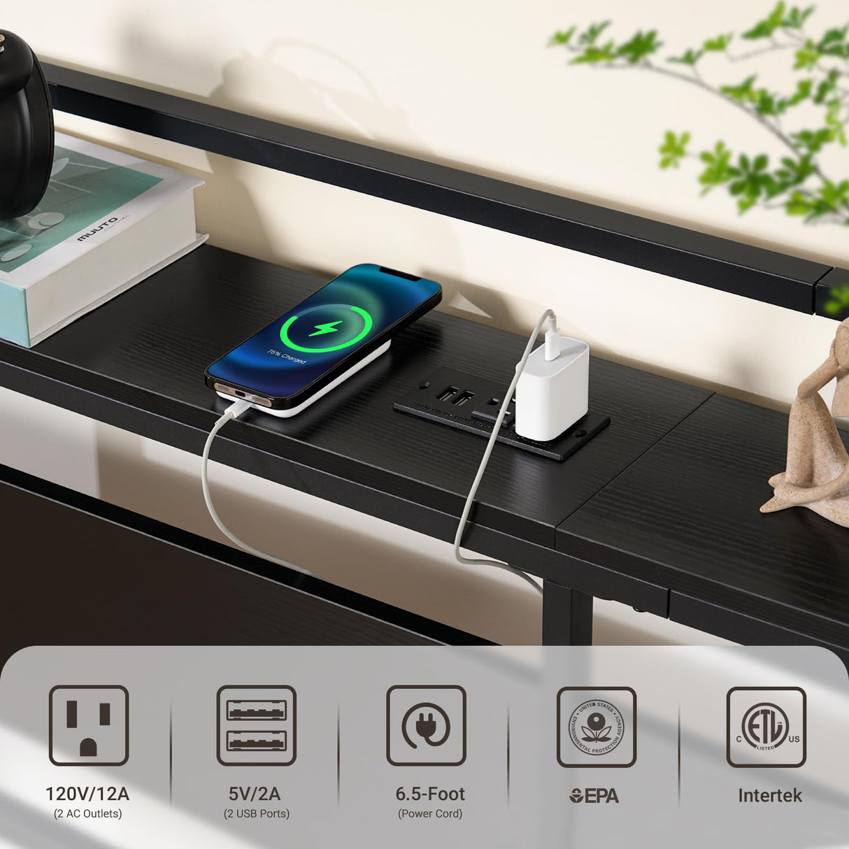 ELYKEN King Size Headboard with Power Outlet & LED Strip Light - Versatile, Easy Assembly in Black ELYKEN