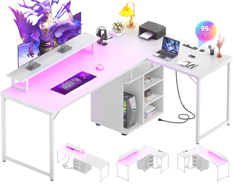 Cyclysio L Shaped Gaming Desk with Wood Cabinet, 58" Large Corner Desk with LED Lights & Power Outlet, Reversible Computer Desk with Monitor Stand, Home Office Desk 2 Person Corner Desk, White Cyclysio