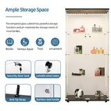 KUVADAZ 4-Shelf Glass Display Cabinet with Bluetooth LED Light Strip, 2-Door Floor Standing Curio Cabinet with Universal Wheel for Living Room, Black Glass Bookshelf for Collections, Wood Top KUVADAZ