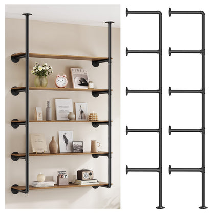 Pynsseu Industrial Iron Pipe Shelf Wall Mount, Farmhouse DIY Open Bookshelf, Pipe Shelves for Kitchen Bathroom, bookcases Living Room Storage, 2Pack of 5 Tier