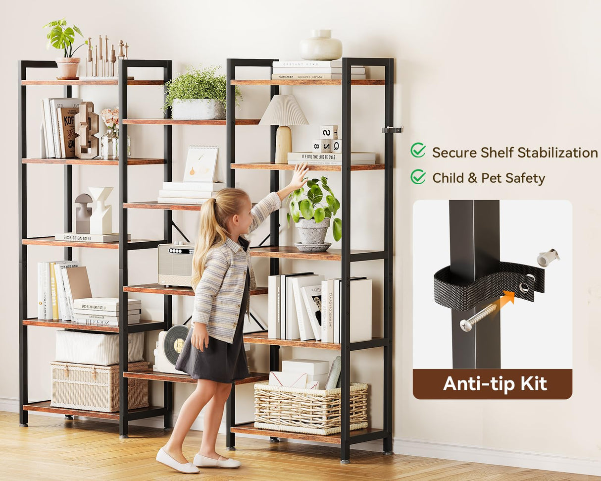 Casaottima Triple 5 Tier Bookshelf, Large Bookcase with 14 Open Display Shelves, Modern Industrial Book Shelves Book Case for Bedroom, Wide Standing Shelving Unit for Living Room Home Office, Vintage Casaottima