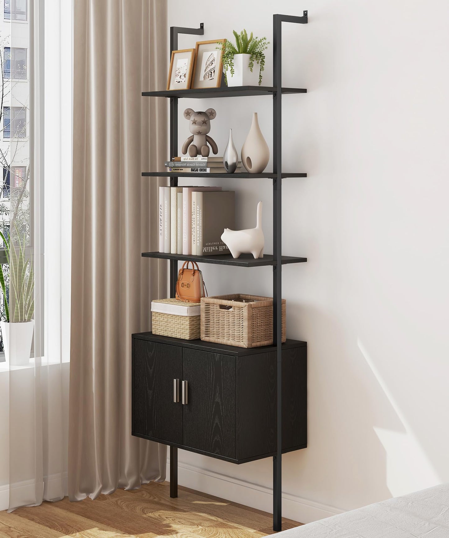 Yusong 73" Tall Bookshelf with Cabinet, Industrial Ladder Wall Mount Shelf Bookcase with Wood and Metal Frame, Plant Shelf Wall Storage Display for Living Room Bedroom, Black Wood Grain