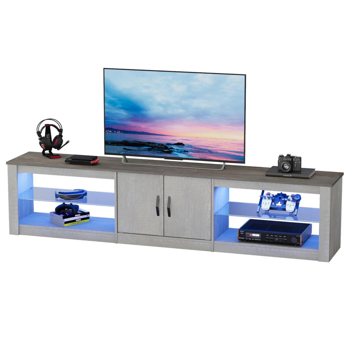 Bestier 80 Inch TV Stand for 65/75/85 inch TVs, Modern LED Entertainment Center with Storage Cabinet, Adjustable Glass Shelves ＆ Cable Management, Gaming TV Console Table for Living Room, Wash White Bestier