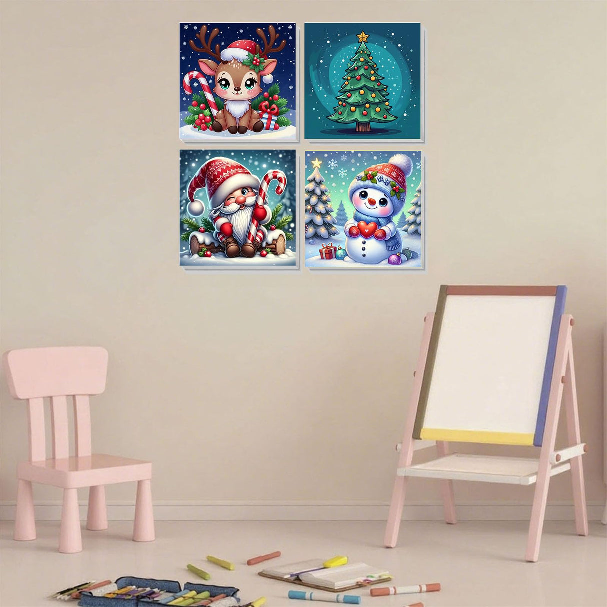 Arttoplus 4 Pack Paint by Numbers Kit for Kids with Frame,Cute Christmas Kids Paint by Numbers Ages 4-8-12 with Wooden Easel,Easy DIY Acrylic Oil Painting by Number for Gift Home Wall Decor(8x8 inch) Arttoplus