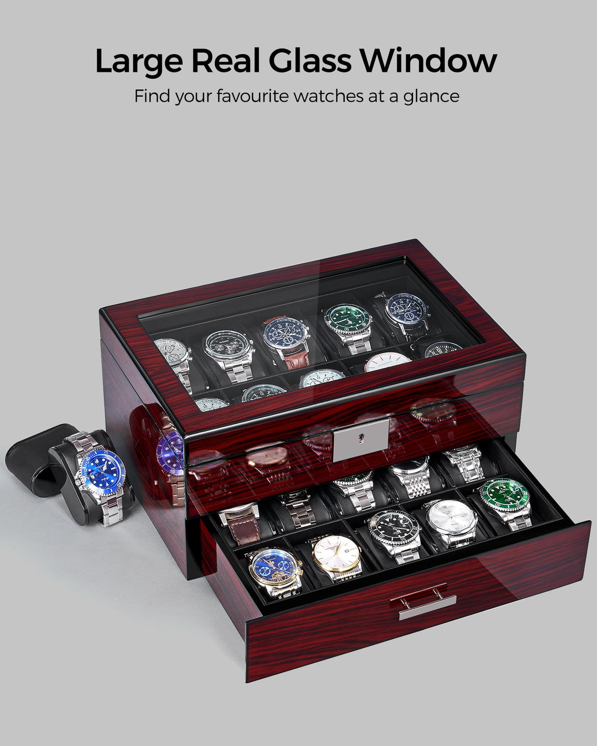 ANWBROAD 20 Slot Watch Box for Men and Women - 2-Tier Display Case With Large Glass Lid, Lockable Wooden Organizer, Luxurious Holder UJWB002Y ANWBROAD