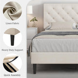 HOMBCK Queen Bed Frame with Headboard, Linen Fabric Upholstered Bed Frame Queen, Wood Slats Support, Button Tufted, No Box Spring Needed, White HOMBCK