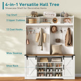 RALGEND Hall Tree with Bench and Shoe Storage, LED Coat Rack with 9 Shoe Cubbies and 12 Hooks, Sliding Barn Doors and Adjustable Shelves, for Foyer, Mudroom, Entryway, White and Walnut RALGEND