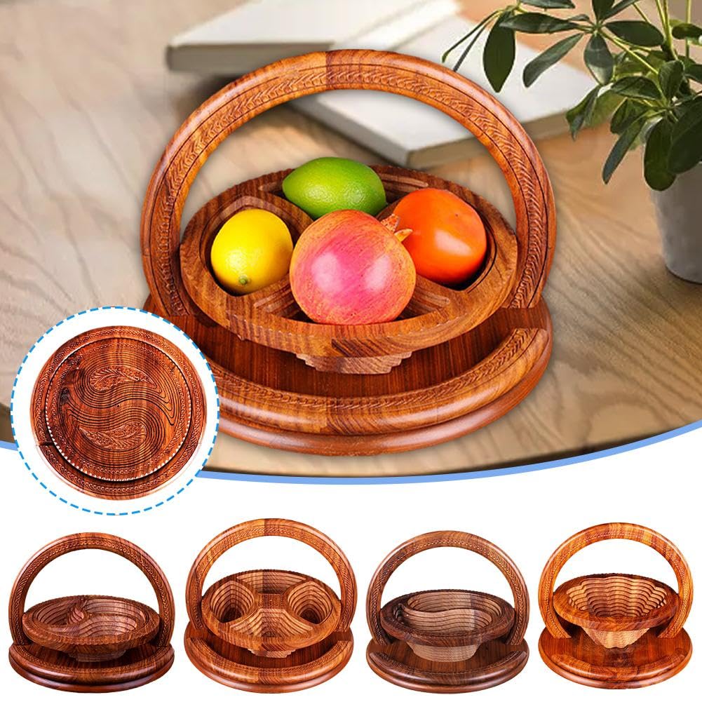 Handmade Wood Carving Fruit Plate -Wooden Fruit Basket, Creative Foldable Fruit Basket, Divided Snack Serving Tray, Collapsible Bread Nuts Baskets, Wooden Container for Candy, Fruit, Nuts Generic