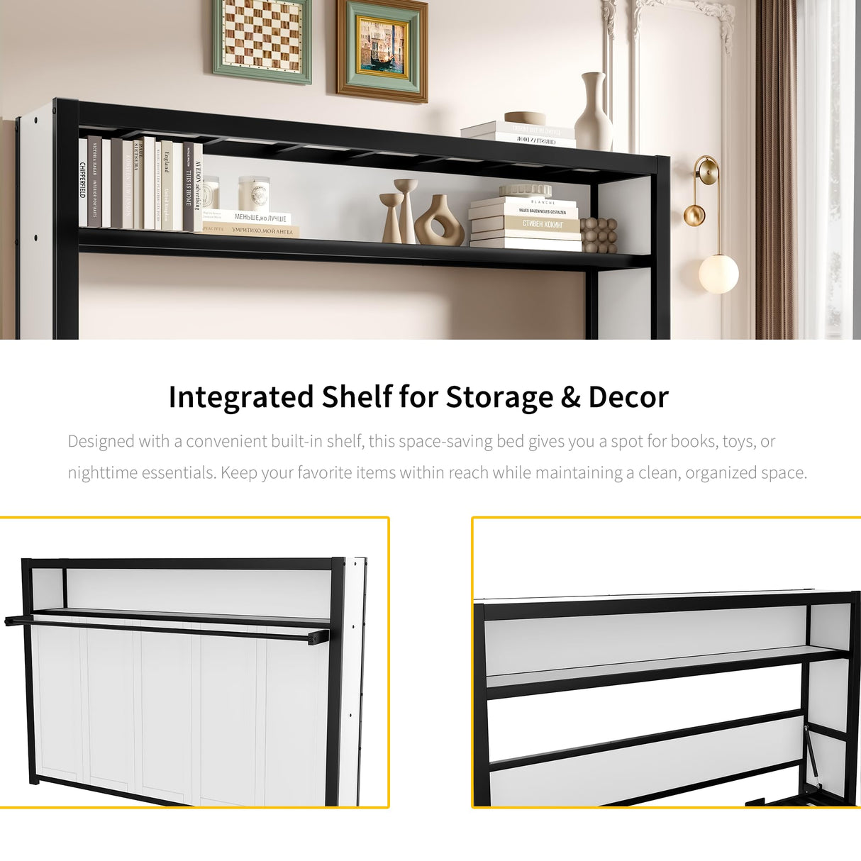 Polibi Twin Murphy Bed with Built-in Storage Shelf, Space-Saving Foldable Metal Wall Bed Frame for Small Spaces,Guest Room & Home Office,White Polibi