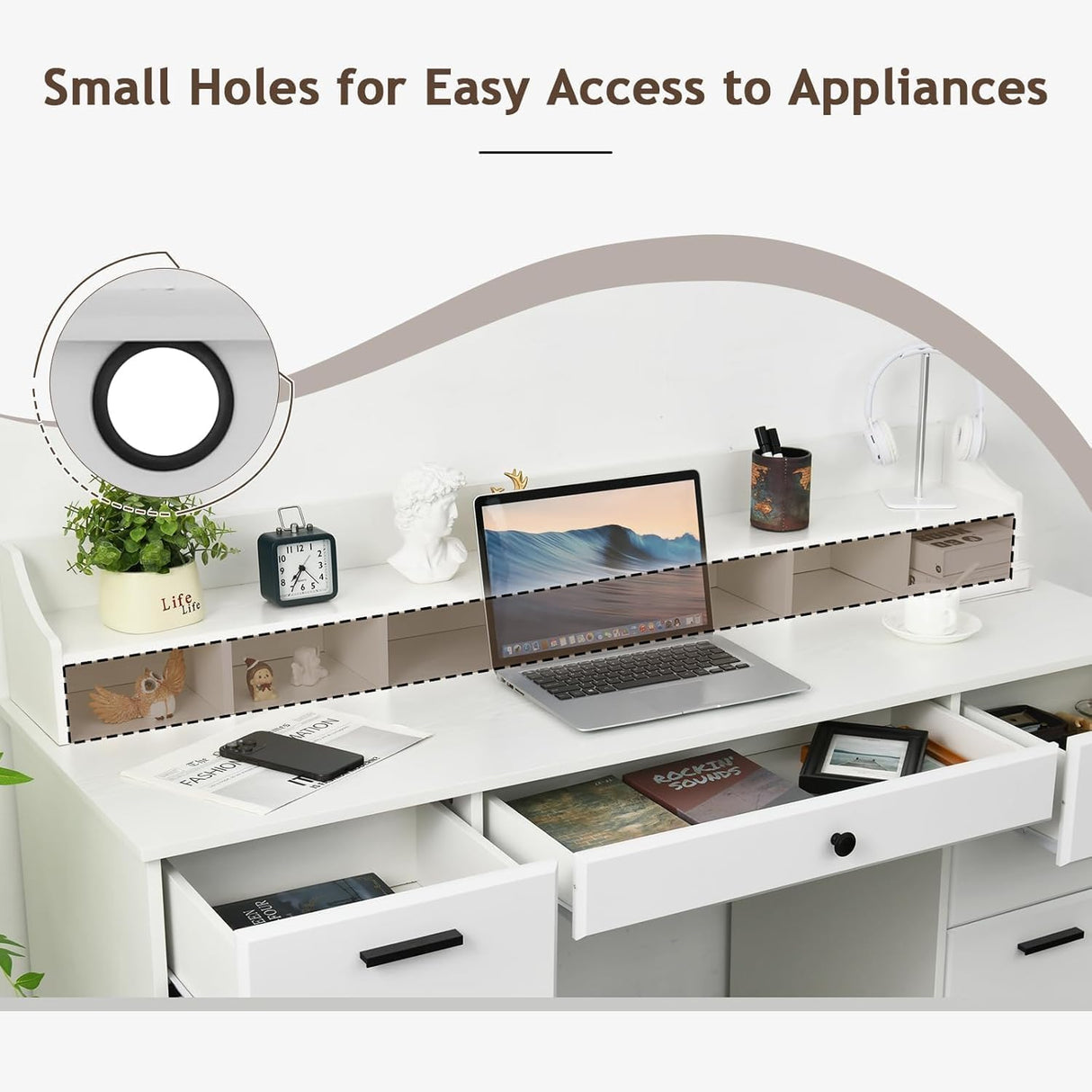 MaverickFurni White Desk with 6 Drawers, 58 Inch Executive Desk with 2 File Cabinet, White Wood Computer Desk with Storage, Study Desk for Bedroom, Home Office Desk with Drawers MaverickFurni