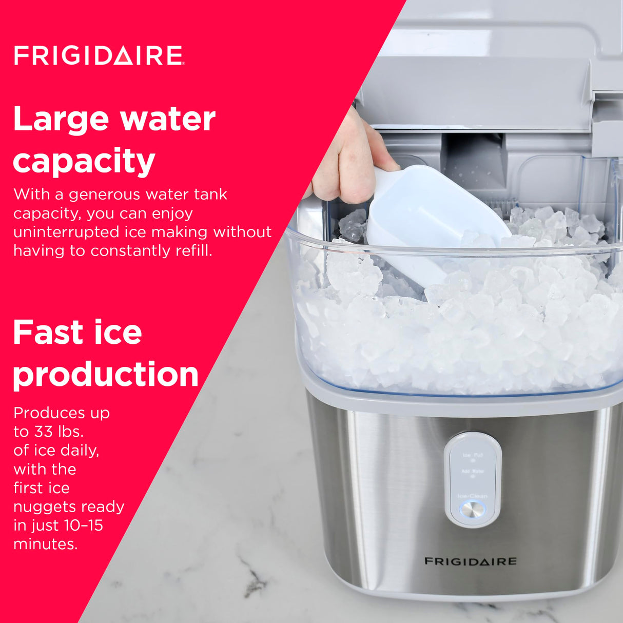 Frigidaire Countertop Crunchy Chewable Nugget Ice Maker, Compact, 33lbs per Day, Metallic Finish Frigidaire