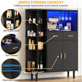 Kitchen Pantry Storage Cabinet with Charging Station and LED Lights, Freestanding Buffet Cabinet with Wine Glass Holder,Kitchen Hutch Cabinet with Rotation 4-Tier Storage Rack for Kitchen(Black) Gyfimoie