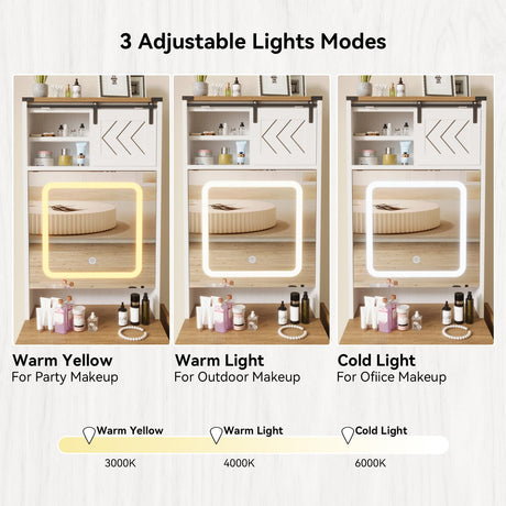 ARTETHYS Farmhouse Small Vanity Desk Set with Mirror Cabinet Compact Makeup Vanity Table with 3 Adjustable Lighted Mirror and Storage Chair for Small ARTETHYS