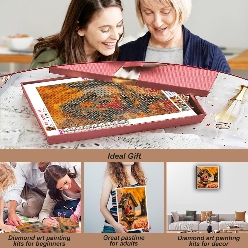 hill froeistung 5D Maple Leaf Diamond Art Painting Kits Fall DIY Full Round Drill Birdhouses Diamond dots for Adults Cardinal Diamond Art Painting Crystal Craft Kit for Wall Decor 12x12inch hill froeistung