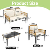 IDEALHOUSE 4-Piece Outdoor Patio Furniture Set, All-Weather PE Rattan Wicker Loveseat & Chairs with Glass Coffee Table & Steel Frame, Boho Conversation Set for Patio, Balcony, Backyard, Beige IDEALHOUSE