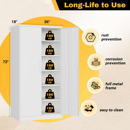 ZAOUS Garage Storage Cabinet, 72'' Tall Metal Storage Cabinets with Lock and 5 Adjustable Shelves for Home, Office, Warehouse, White