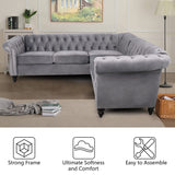 QHITTY L-Shaped Sofa, Sectional Chesterfield Couch 5-Seater Velvet Upholstered Small Accent Tufted Sofa with Rolled Armrest and Nailhead Design for Living Room, Apartment, Office (Grey) QHITTY