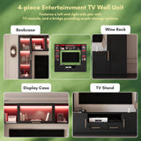 Mekminop 4-Piece Wall Unit TV Stand with LED Lights for TVs up to 70", Large Entertainment Center with Bookshelves & Bridge, Modern TV Console for Living Room, Black Mekminop