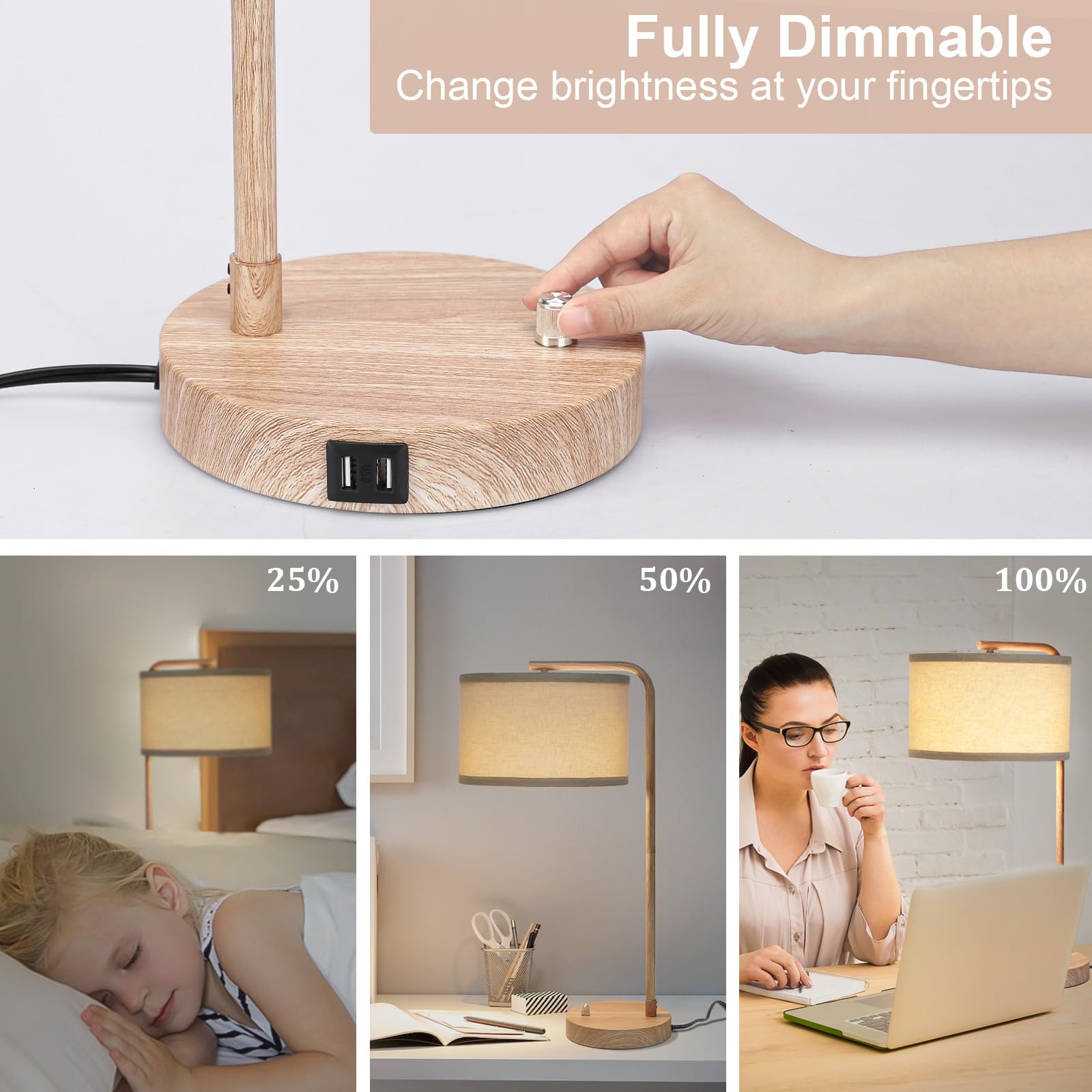 Farmhouse Table Lamp, Fully Dimmable Bedisde Lamp with Dual USB Charging Ports, Modern Nightstand Lamp, Tall Table Lamp Desk Reading Lamp for Living Room, Bedroom, Office, 9W LED Bulb Include - WoodArtSupply