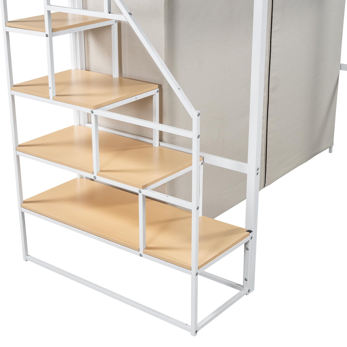 Twin Size Loft Bed with Stairs and Storage Shelves, Heavy Duty Loft Bed with Wardrobe and Removable Dust Cover, Twin Loft Bed with Full Length Guardrail, White Loft Bed Twin Size