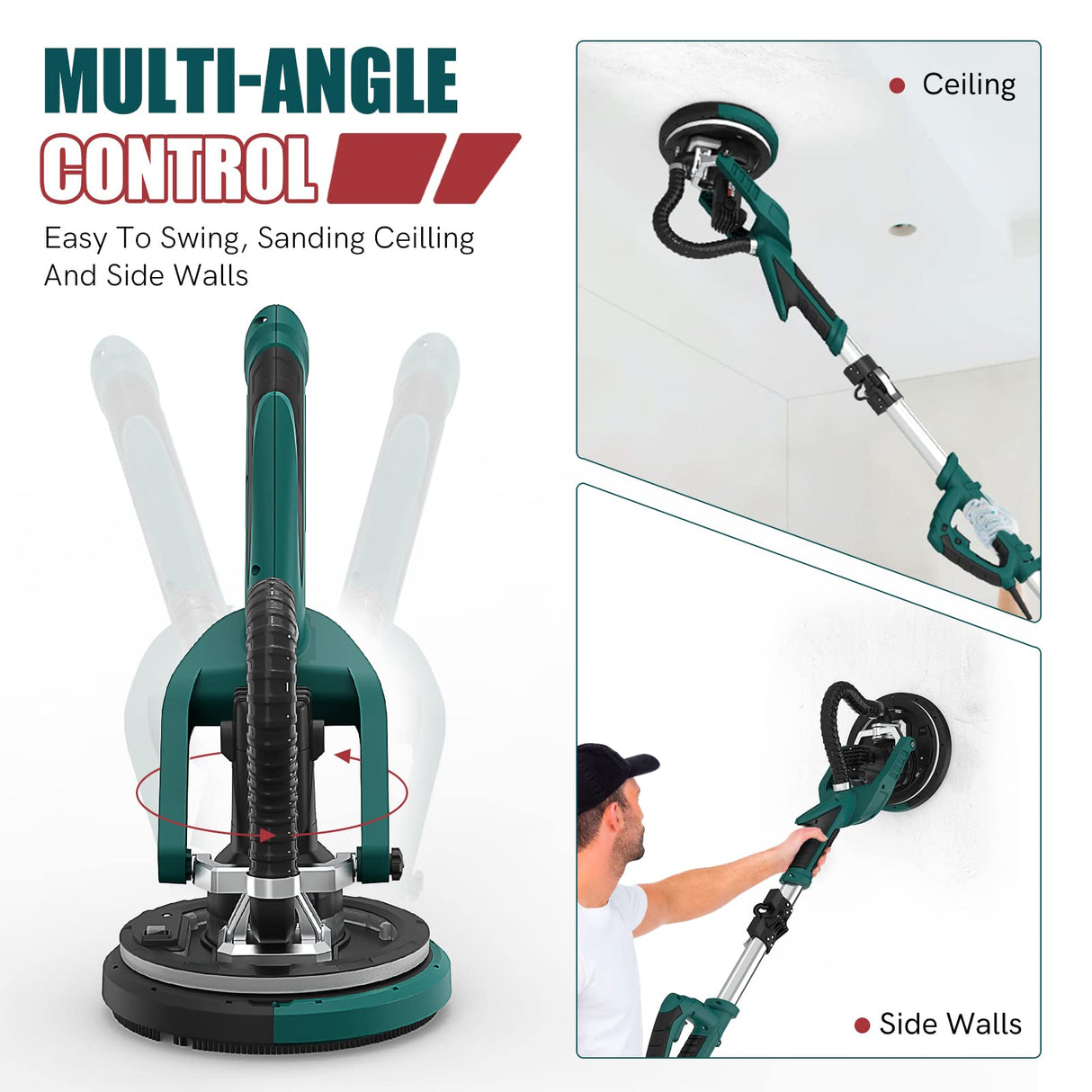 NEU MASTER Drywall Sander, Electric Drywall Sander Variable Speed Pole Sander with Vacuum, 900-1800RPM Foldable Ceiling Sander with 12 Sanding Discs, LED Light, Extendable Handle, Dust Bag and Hose NEU MASTER