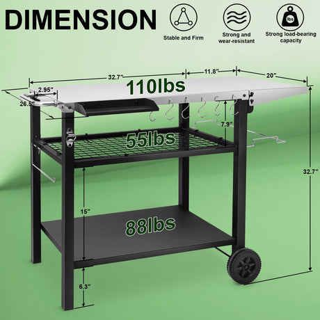 EDOSTORY Outdoor Grill Cart Table Pizza Oven Stand, Three-Shelf Stainless Steel Food Prep Table Patio BBQ Grill Table Bar Cart Kitchen Island with Wheels EDOSTORY