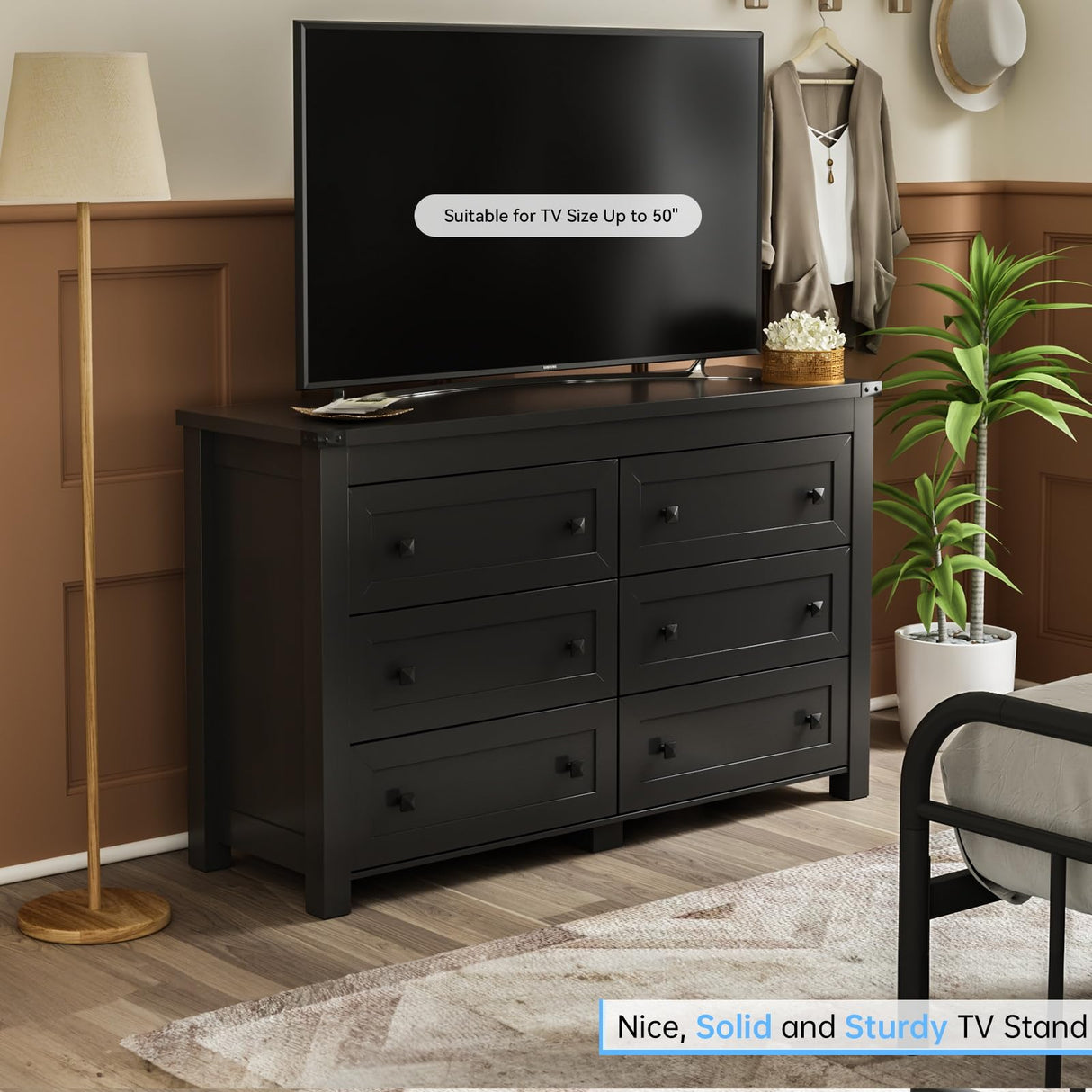 HUANLEGO Black Dresser for Bedroom with 6 Drawers, Modern Chest of Drawers, Wood Dressers Bedroom Furniture Wide Storage Drawers Dressers Organizer for Closet, Living Room, Hallway HUANLEGO