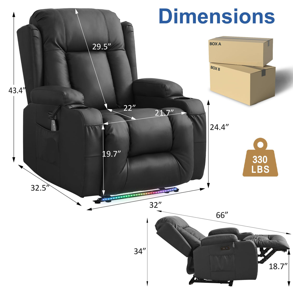 URRED Recliner Chair with Massage and Heat, Power Reclining Sofa Chair Home Theater Seating with LED Ambient Light, USB Ports, Cup Holders, Side Pockets, Faux Leather, Black URRED