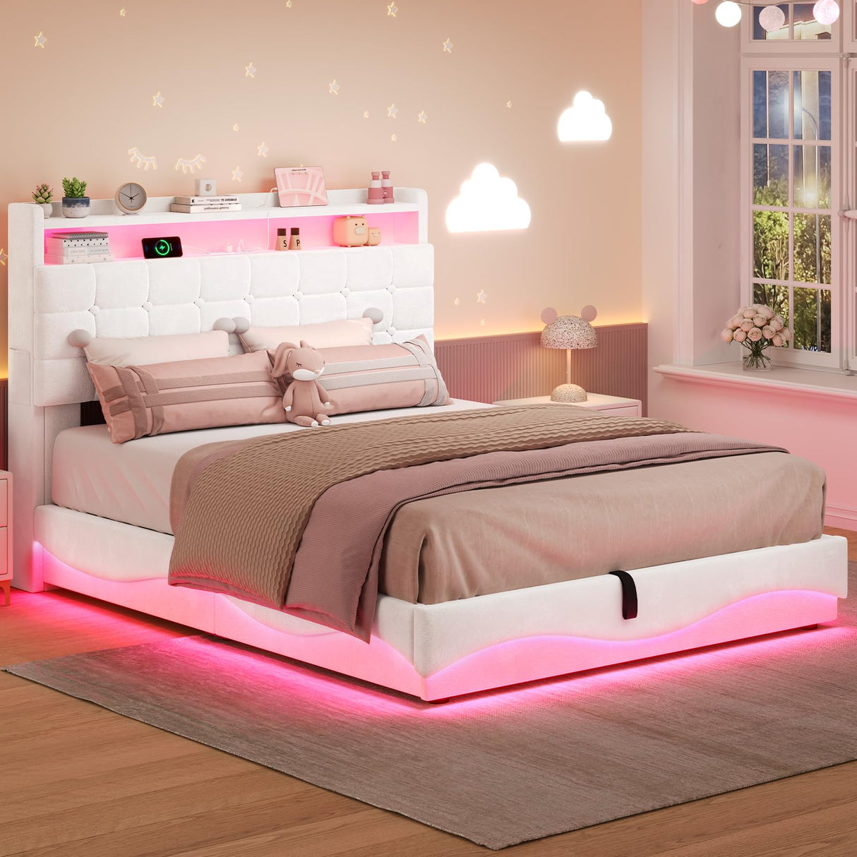 BTHFST Lift Up Storage Twin Bed Frame with Charging Station, LED Lights Storage Headboard with Hidden Cubby, Velvet Upholstered Princess Twin Bed with with Hydraulic Storage, for Girls, Creamy White BTHFST