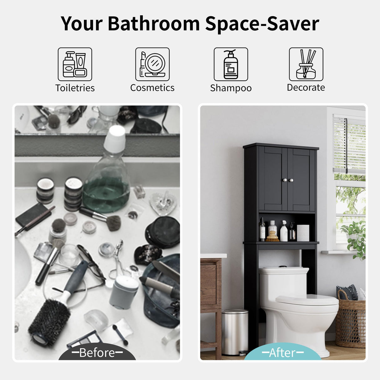 Shintenchi Over The Toilet Storage Cabinet, Bathroom Shelf Organizer with Anti-Tip Device Small Freestanding Space Saver with Adjustable Shelf，Black Shintenchi