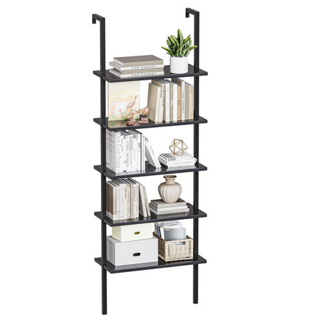 Furmax 5-Tier Bookshelf, Wall Mount Ladder Shelf with Wood Board and Industrial Metal Frame, for Home Office, Living Room, Bedroom, Entryway and Hallway Furmax