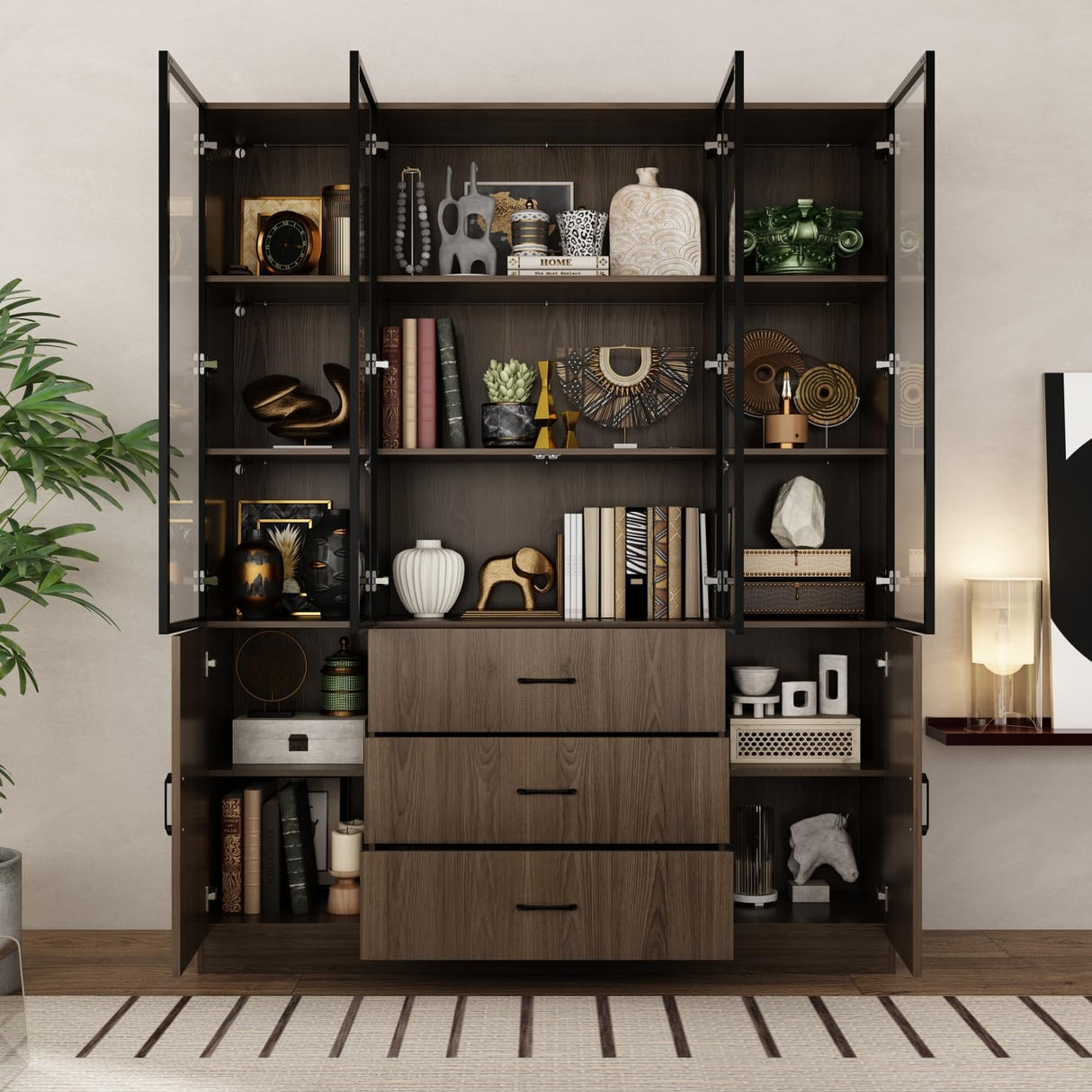 Homsee 63”W Storage Display Cabinet Curio Cabinet with Light & Pop-up Glass Doors, Bookcase with 5-Tier Shelves & 3 Drawers for Living Room/Home Office, Dark Brown (63”W x 15.7”D x 78.7”H) Homsee
