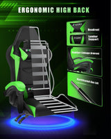 Bigzzia RGB Gaming Chair with LED Lights and Ergonomic Computer Chair Reclining PU Leather High Back Video Game Chair with Headrest Adjustable Lumbar Support Linkage Armrest for Adults (Black/Green) Bigzzia