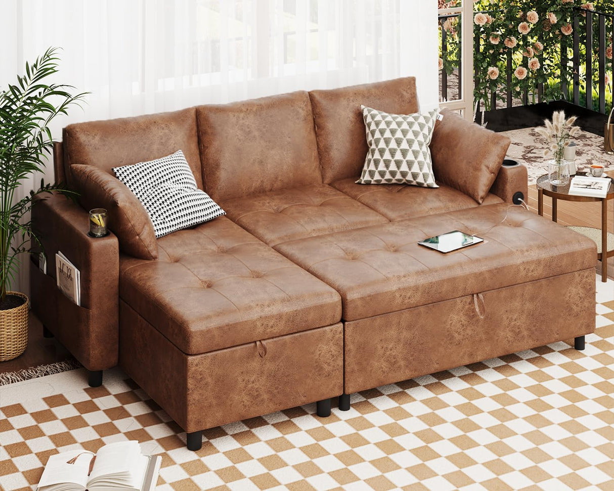 JFHID Leather Sleeper Sofa Couch with Pullout Bed, 83.5'' Sofa Bed Pull Out Couch with Reversible Storage Chaise, Sectional Couches with USB Charging Ports&Cup Holders for Living Room, Brown JFHID