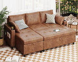 JFHID Leather Sleeper Sofa Couch with Pullout Bed, 83.5'' Sofa Bed Pull Out Couch with Reversible Storage Chaise, Sectional Couches with USB Charging Ports&Cup Holders for Living Room, Brown JFHID