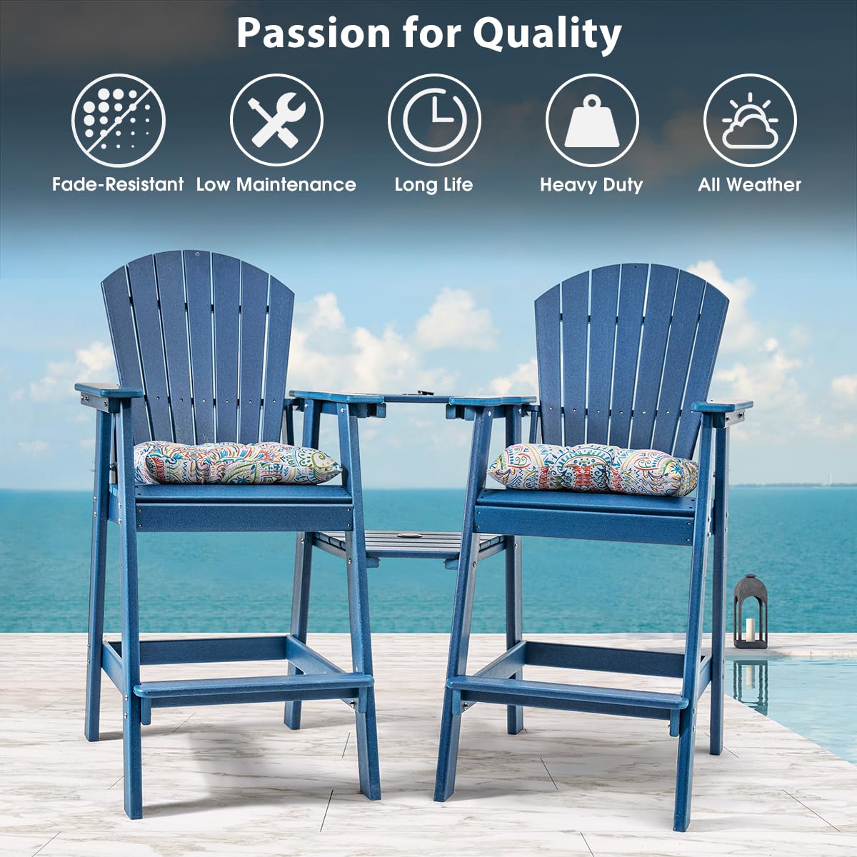 Sundale Outdoor Tall Adirondack Bar Set, Patio Umbrella Table and Bar Chairs Set of 2, 3 Pieces Counter Height Dining Bistro Set, Pub Table with HDPE Stools, 2 Umbrella Hole Caps, Navy Blue Sundale Outdoor