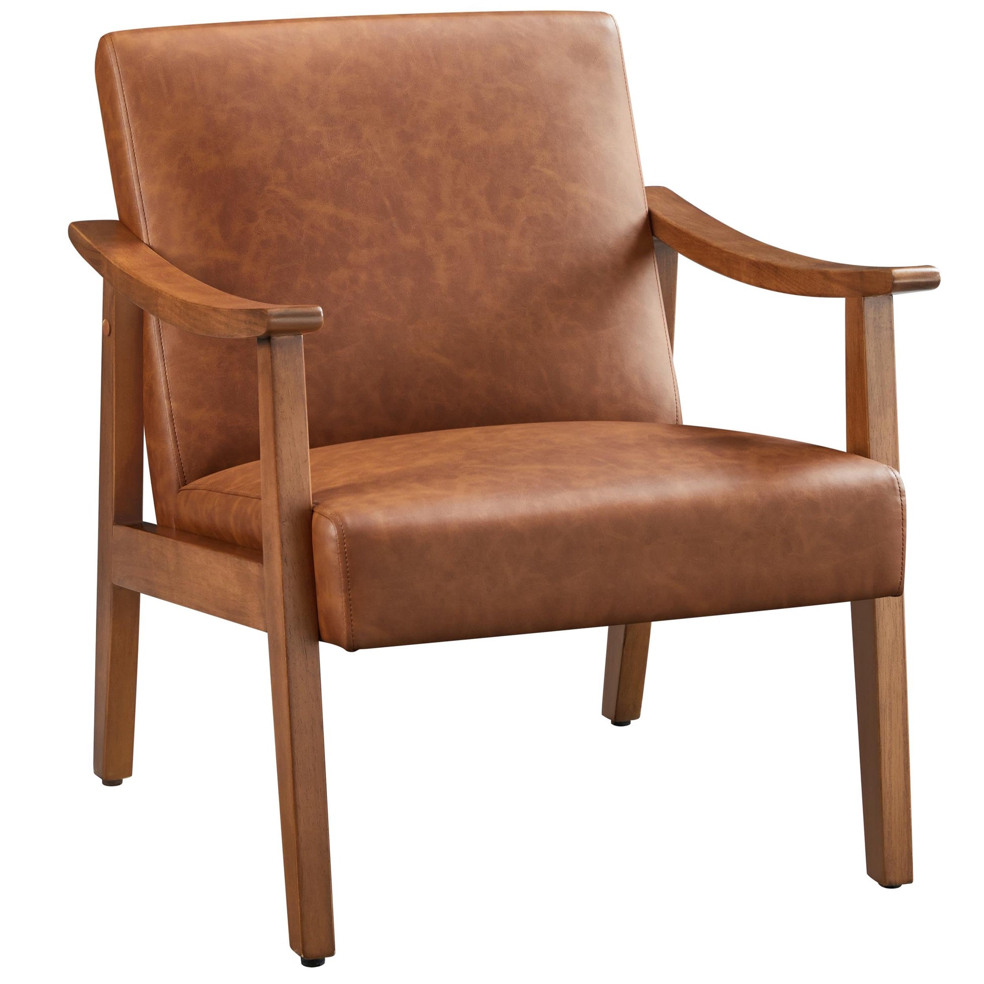 Yaheetech PU Leather Accent Chair, Mid-Century Modern Armchair with Solid Wood Legs, Reading Leisure Chair with High Back for Living Room Bedroom Waiting Room, Light Brown - WoodArtSupply