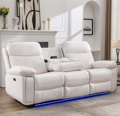 Power Reclining Sofa Couch with Wireless Charger, 3 Seaters with Recliner, Faux Leather Electric 3 Seat Sofa Sectional Set with LED light for living room,Home Theater Seating With Drop-Off Table,White