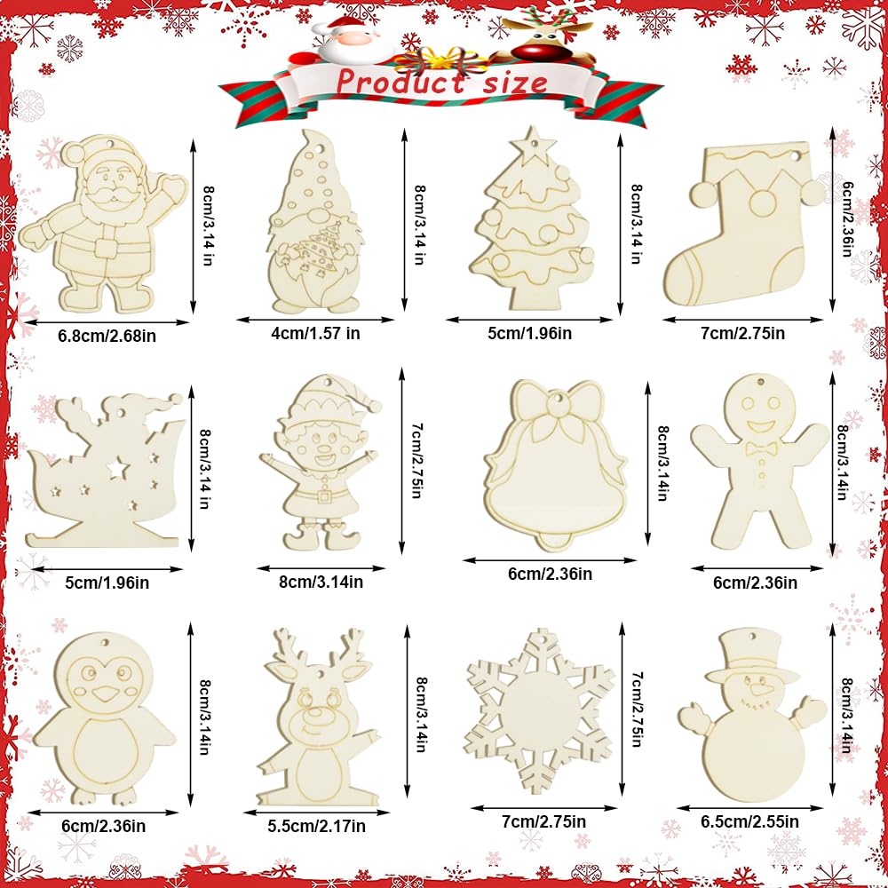 Nialnant 60 PCS Wooden Christmas Ornaments Crafts for Kids, Wooden Christmas Ornaments to Paint, 12 Style DIY Christmas Crafts for Christmas Tree Unfinished Wood Christmas Ornaments Kits Nialnant