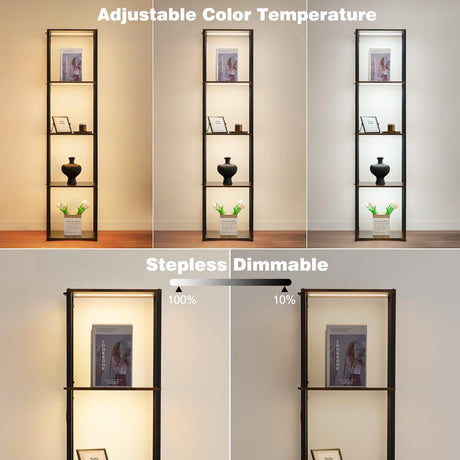 Weaboopre Display Shelf with Lights, 3 Color Temperature & Brightness Curio Collectible Floor Lamp with Shelves, Sturdy Metal Display Cabinet for Living Room, Bedroom, Office Decor Rustic Brown Weaboopre