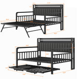 Daybed with Trundle and LED Light, Heavy Duty Metal Full Bed Frame with Upholstered Storage Headboard & Charging Station, Day Bed Pop Up Trundle Bed for Living Room,Bedroom and Guest Room, Black Jocoevol