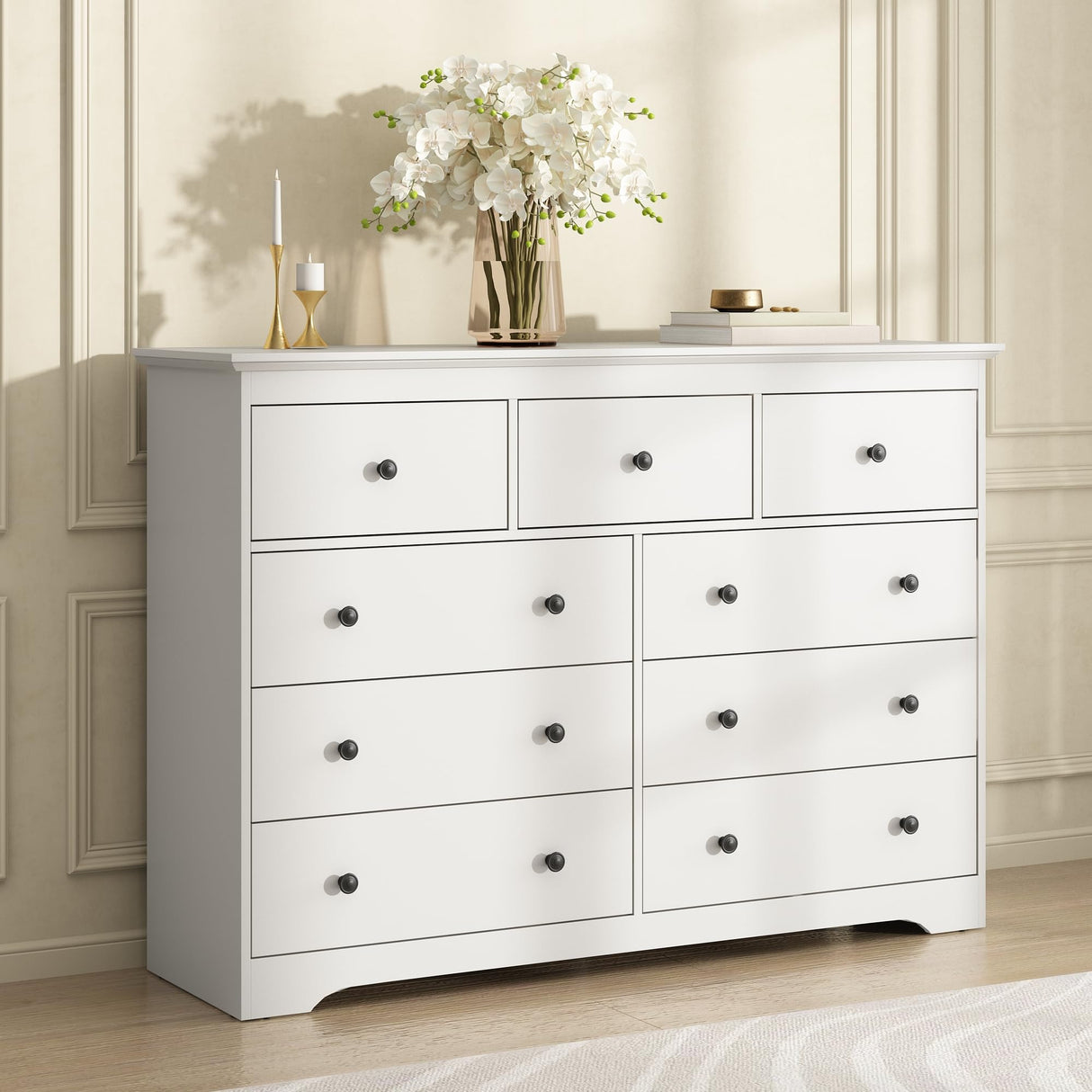 BAZELOR 55 Inch Wide White Dresser for Bedroom, 9 Drawer Dresser with Large Drawers, Wood Chest for Living Room, Hallway BAZELOR