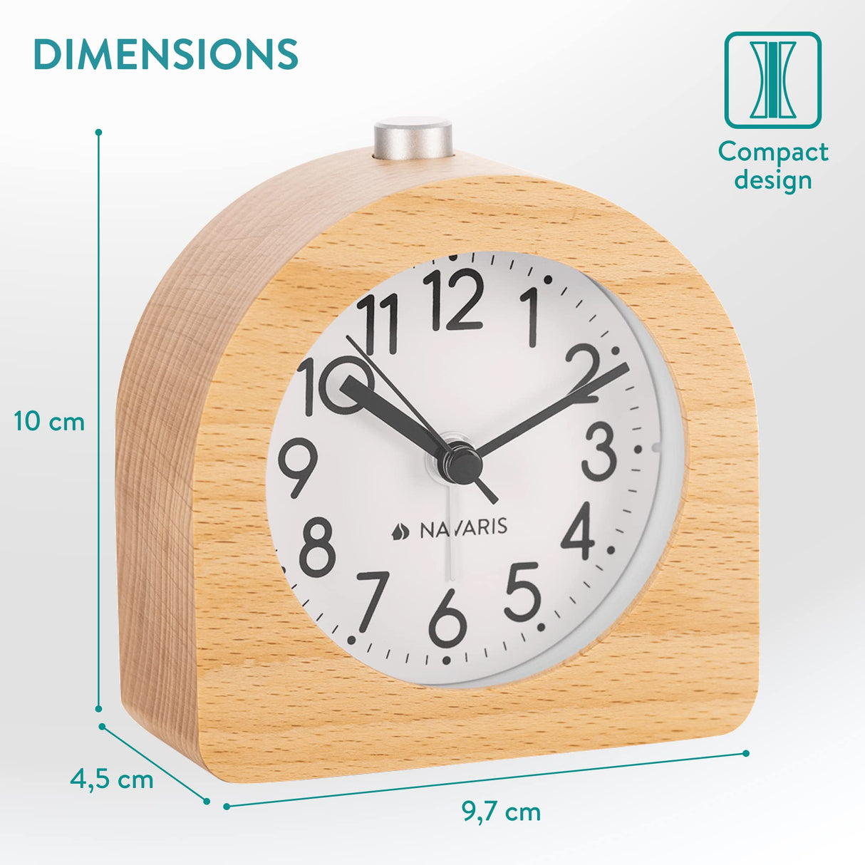 Navaris Wood Analog Alarm Clock - Half-Round Battery-Operated Non-Ticking Clock with Snooze Button and Light - Light Brown Navaris