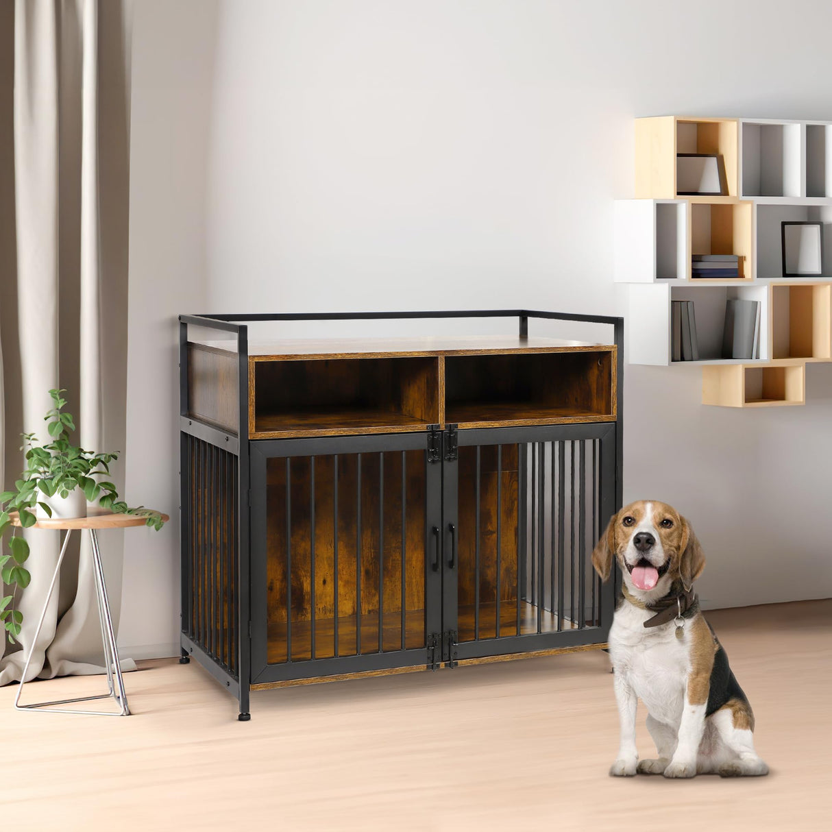 Houseables Dog Crate Furniture, Dog Kennel Indoor, Medium Dog Crate, Dog Kennel Furniture, 41 Inch, Metal, Rustic Brown Wood, Dog Crate Table, Wooden Dog Crate Furniture, Furniture Crate for S-M Dogs Houseables
