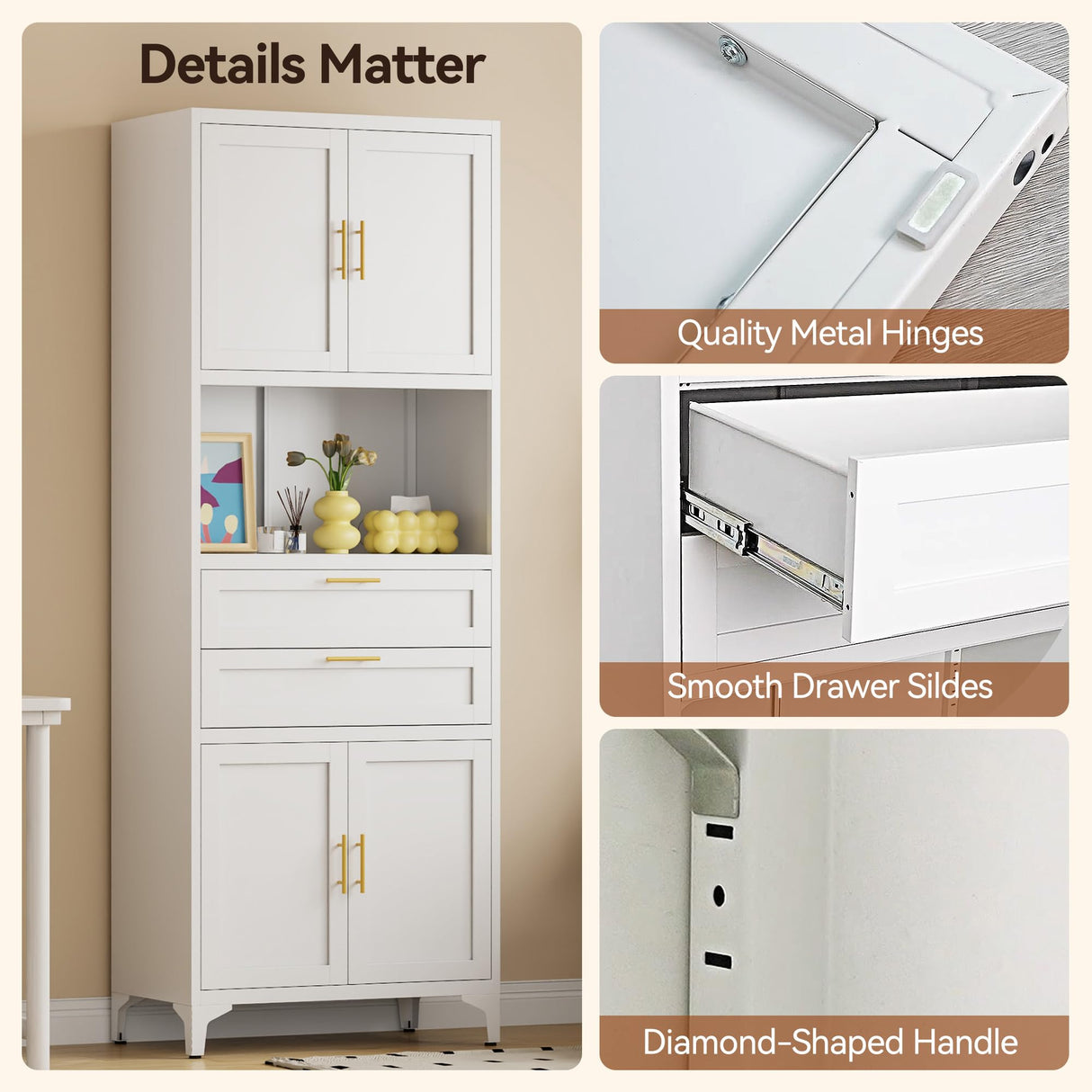 CXUZCZ Kitchen Storage Cabinet,Tall Metal Pantry Storage Cabinet with Door Drawers and Adjustable Shelves,Freestanding Cupboard for Kitchen Dining Room Bedroom Home Office and Bathroom (White 75 ") CXUZCZ