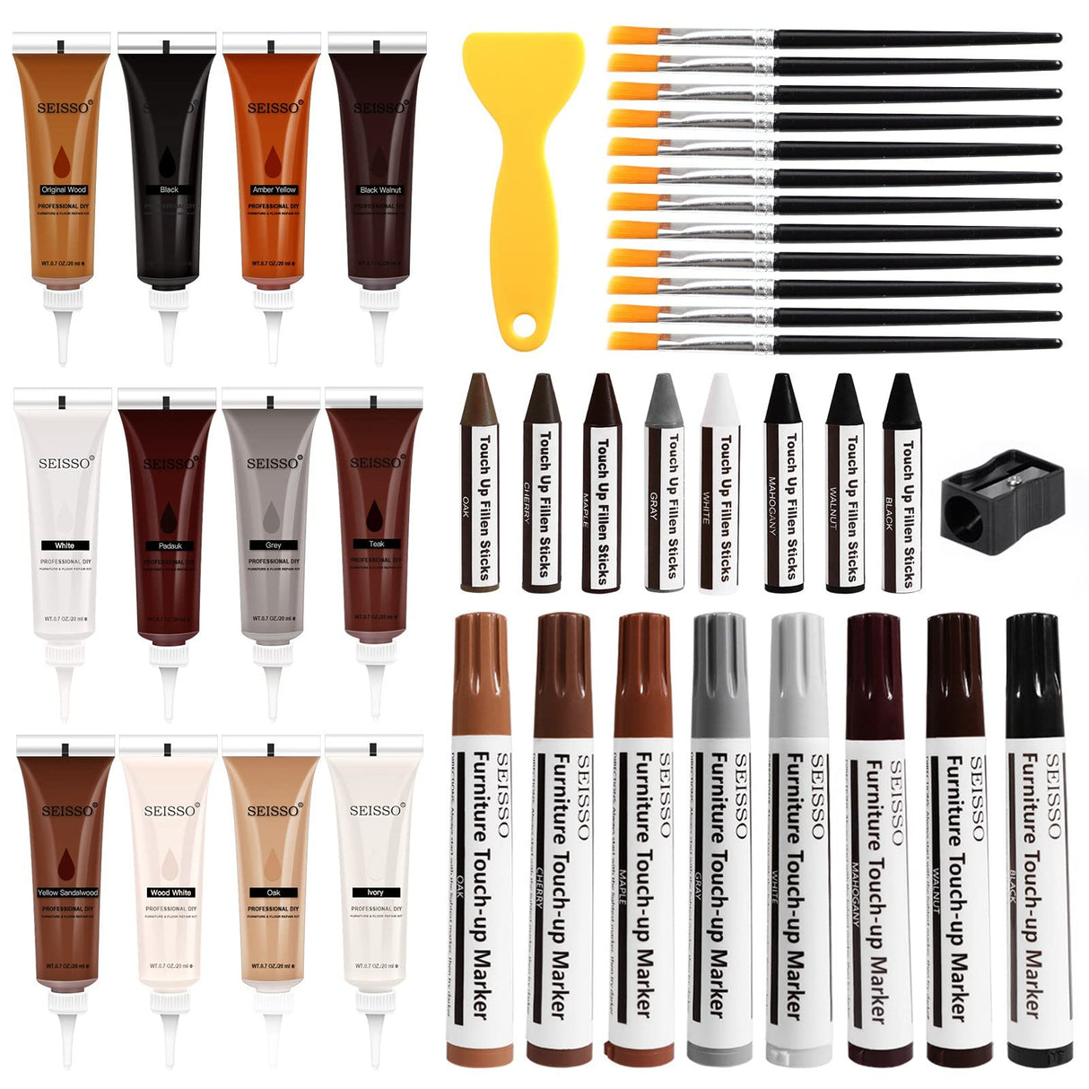 DEWEL Wood Furniture Repair Kit, Upgrade Wood Filler, Furniture Touch Up Markers with Wax Sticks, 42 Pcs Floor Touch Up kit for Scratches, Cracks, DEWEL