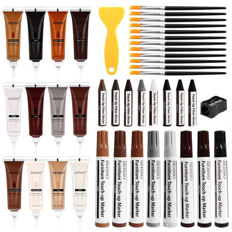 DEWEL Wood Furniture Repair Kit, Upgrade Wood Filler, Furniture Touch Up Markers with Wax Sticks, 42 Pcs Floor Touch Up kit for Scratches, Cracks, DEWEL