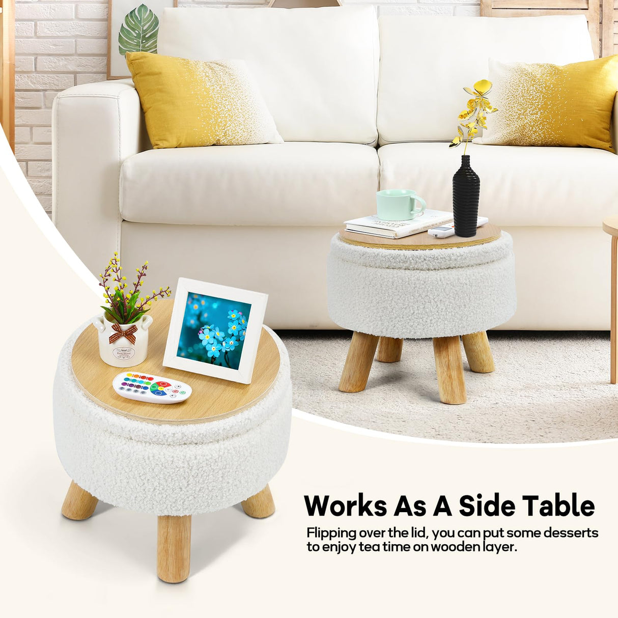 OGEMXU Ottoman Foot Rest, Small Round Ottoman with Storage, Boucle Teddy Velvet Footstool with Wood Legs, Soft Sponge Storage Ottoman for Living Room, Bedroom, Couch, Enterway (Cream) OGEMXU