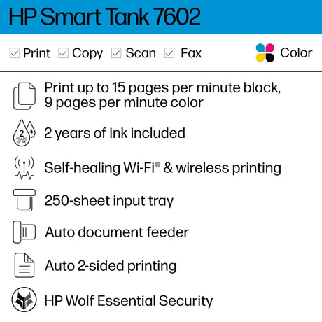 HP Smart Tank 7602 Wireless All-in-One Ink Tank Printer with 2 years of ink included,Print, scan, copy, fax, Best-for-home, Refillable ink tank (28B98A) HP