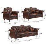 AVZEAR 82" Three Seater Sofa, Chesterfield Sofa, Mid-Century Modern PU Upholstered Sofa, Deep Button Tufted Living Room Sofa with Two Throw Pillows, Brown AVZEAR